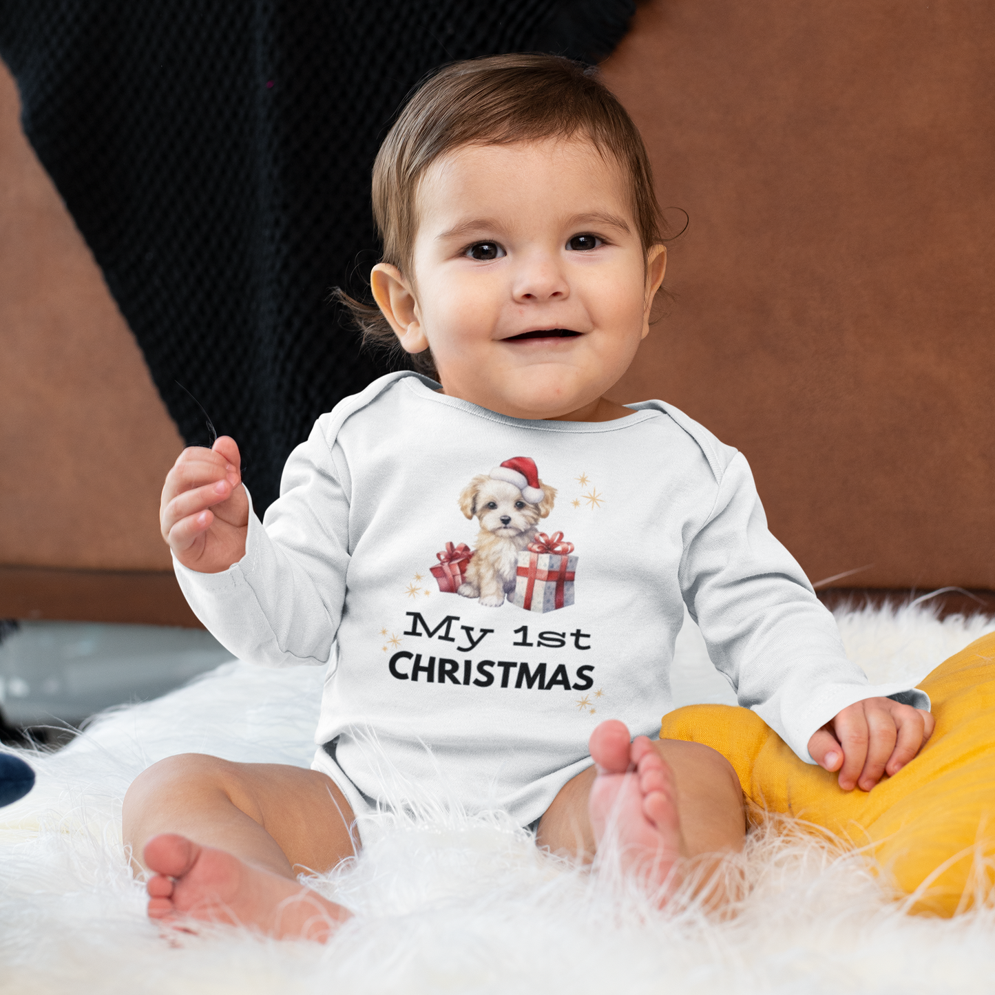FIRST CHRISTMAS PUPPY BABY LONG SLEEVE BODYSUIT